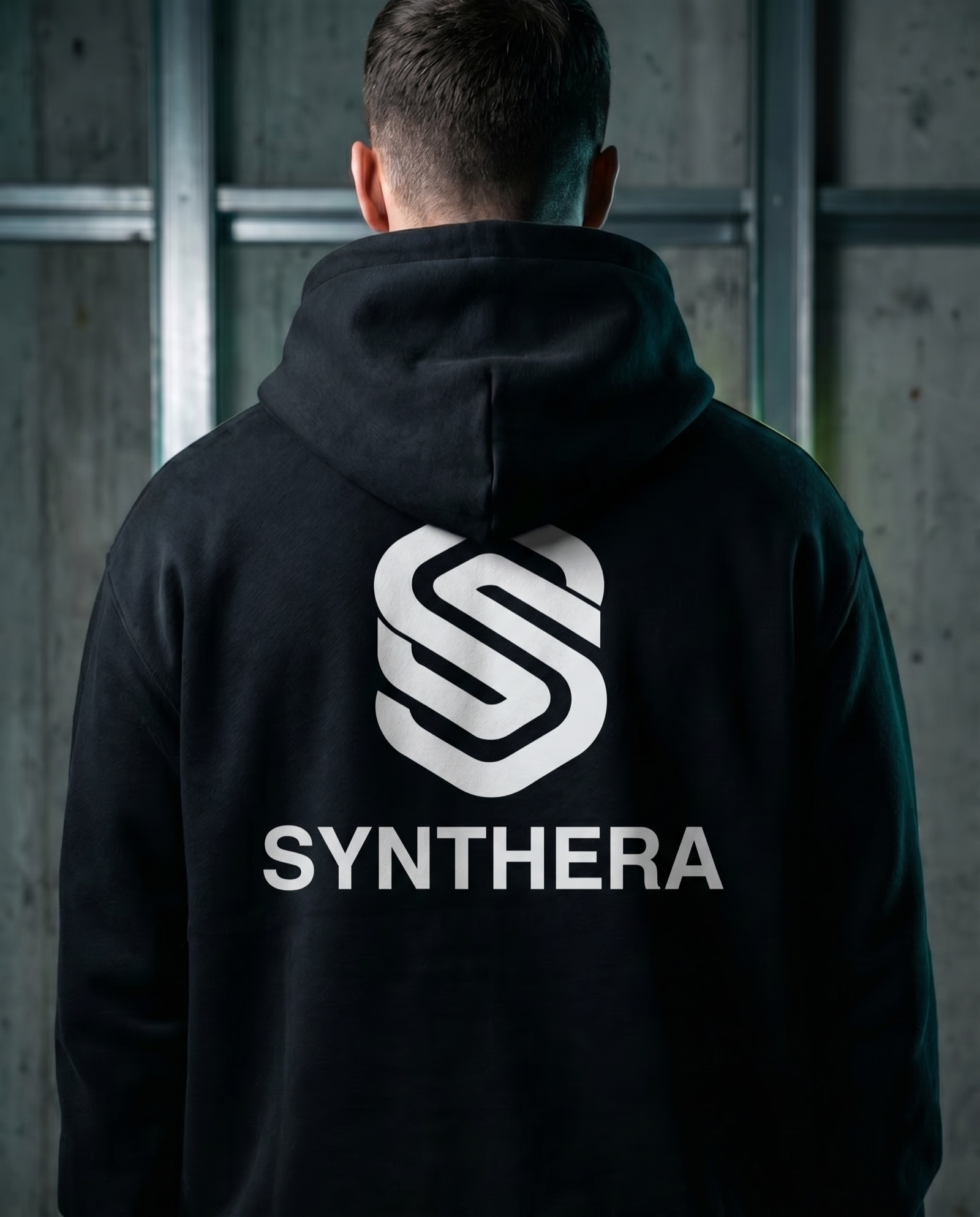 Synthera hoodie, back — mark + wordmark print