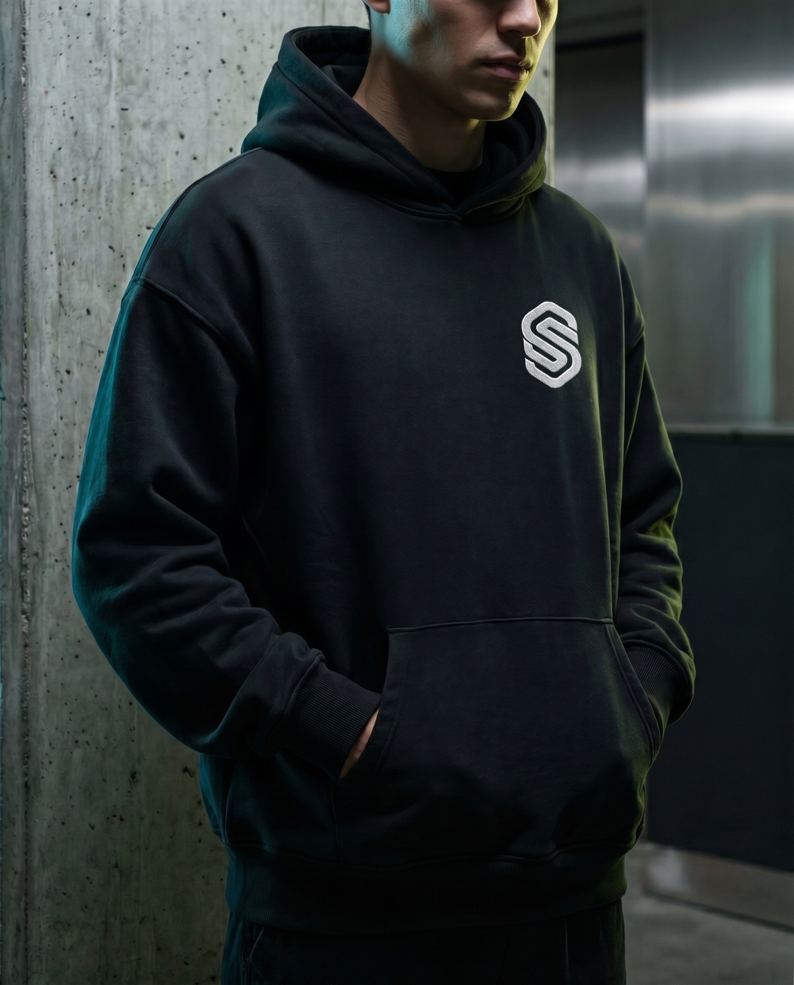 Synthera hoodie, front — embroidered left-chest mark