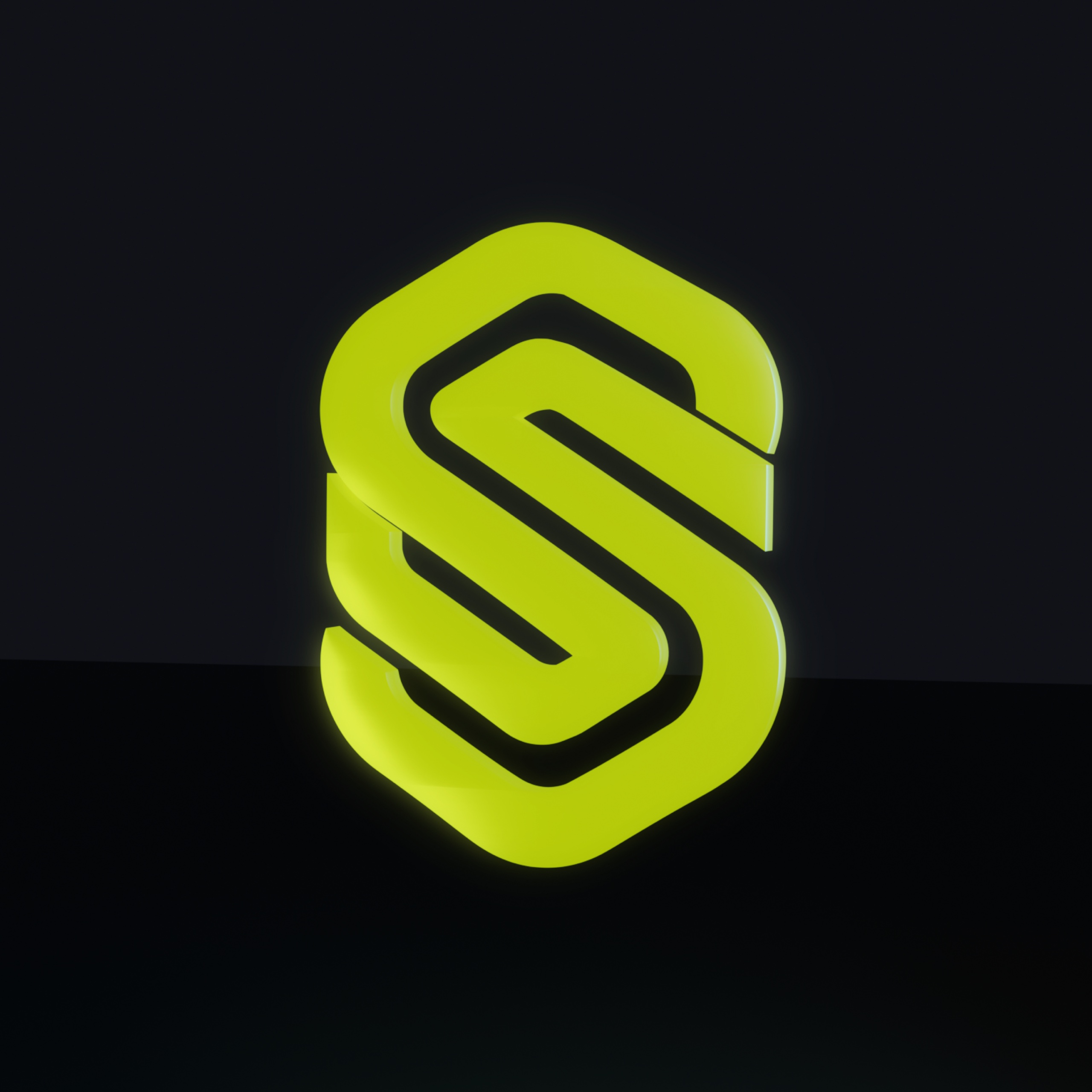 The Synthera S-mark as a glowing ribbon woven through a chrome hexagonal portal