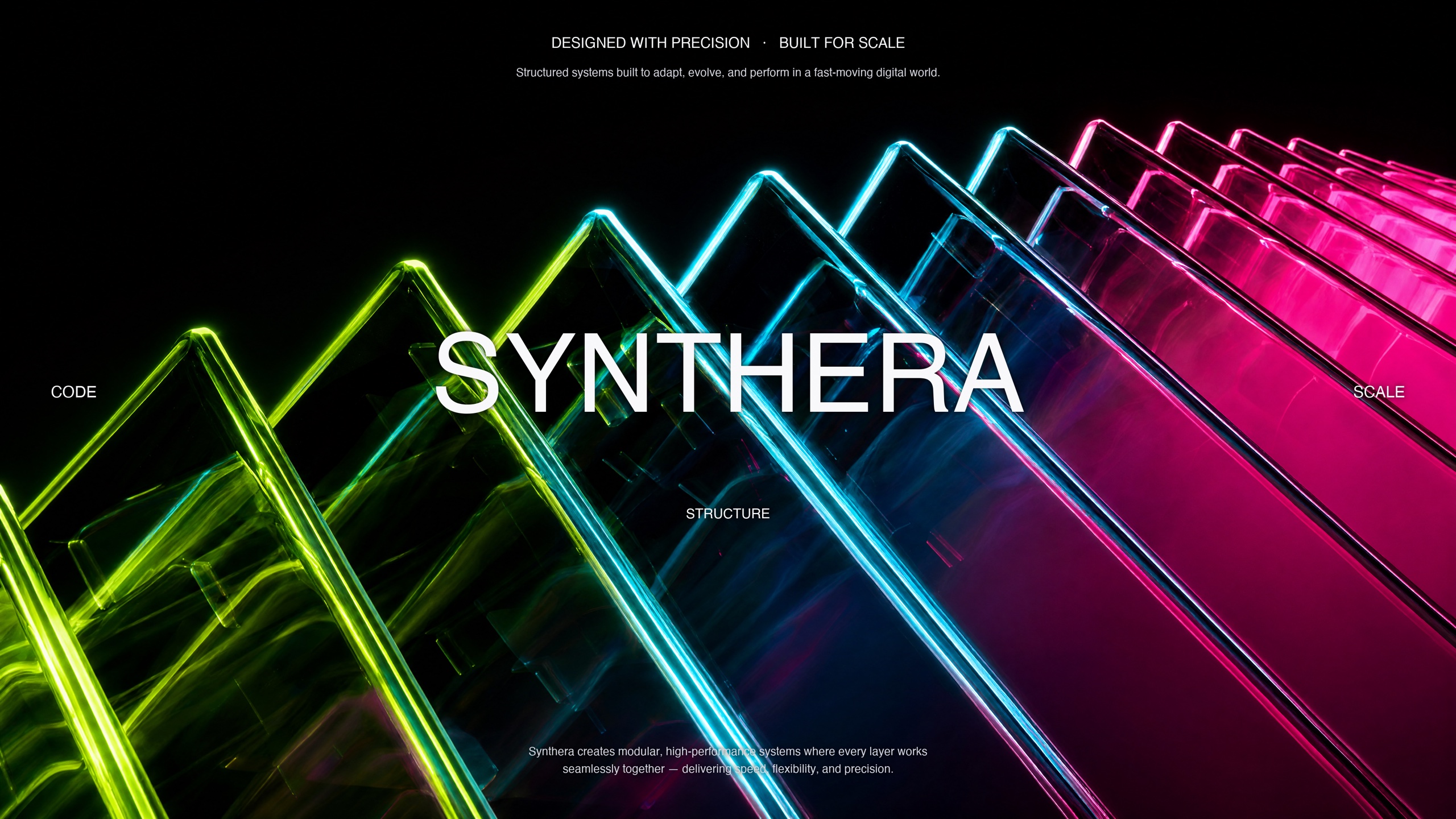 Synthera wordmark across edge-lit spectrum glass panels, labelled code, structure and scale