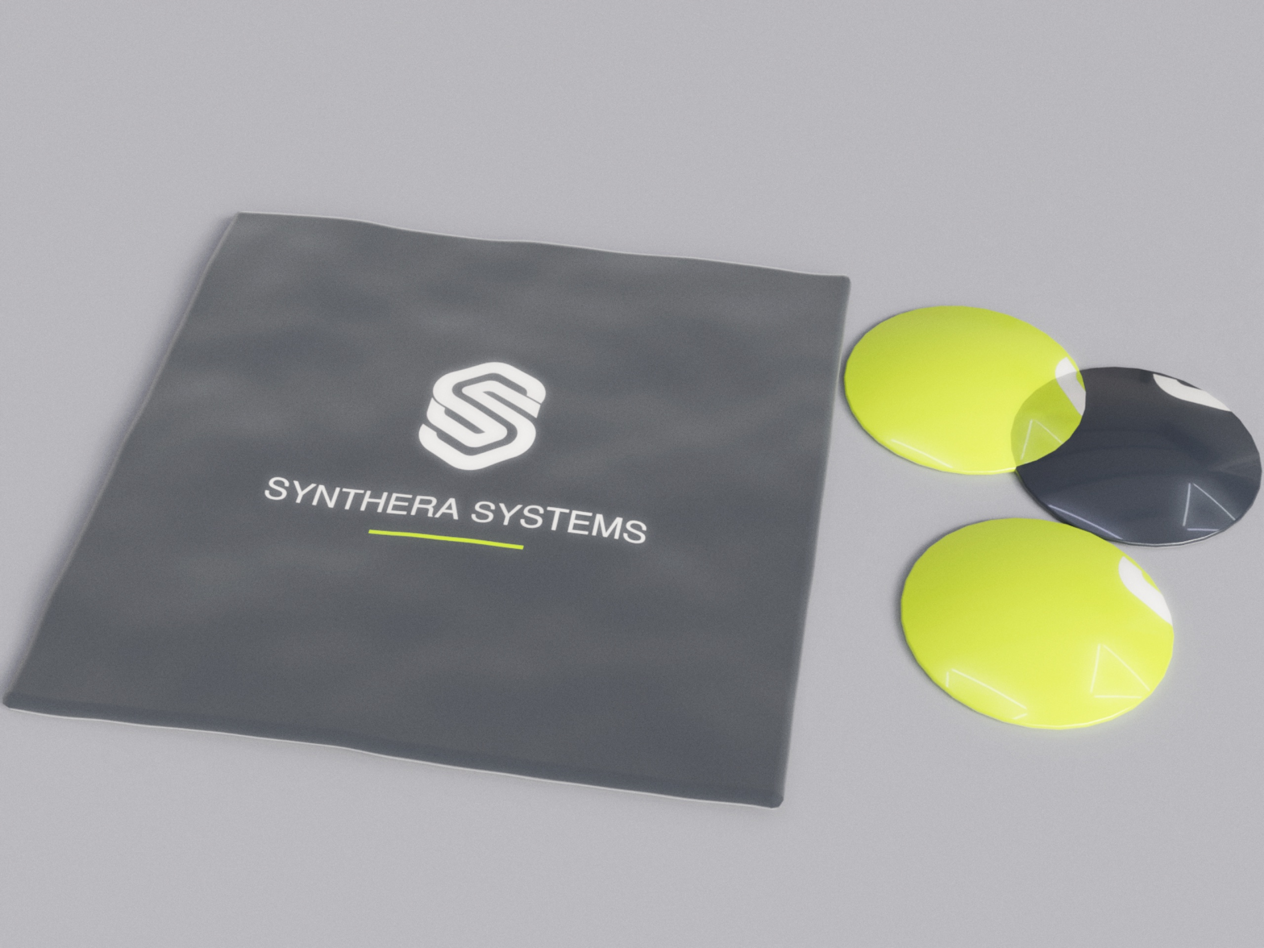 Synthera merch — branded tee and die-cut stickers