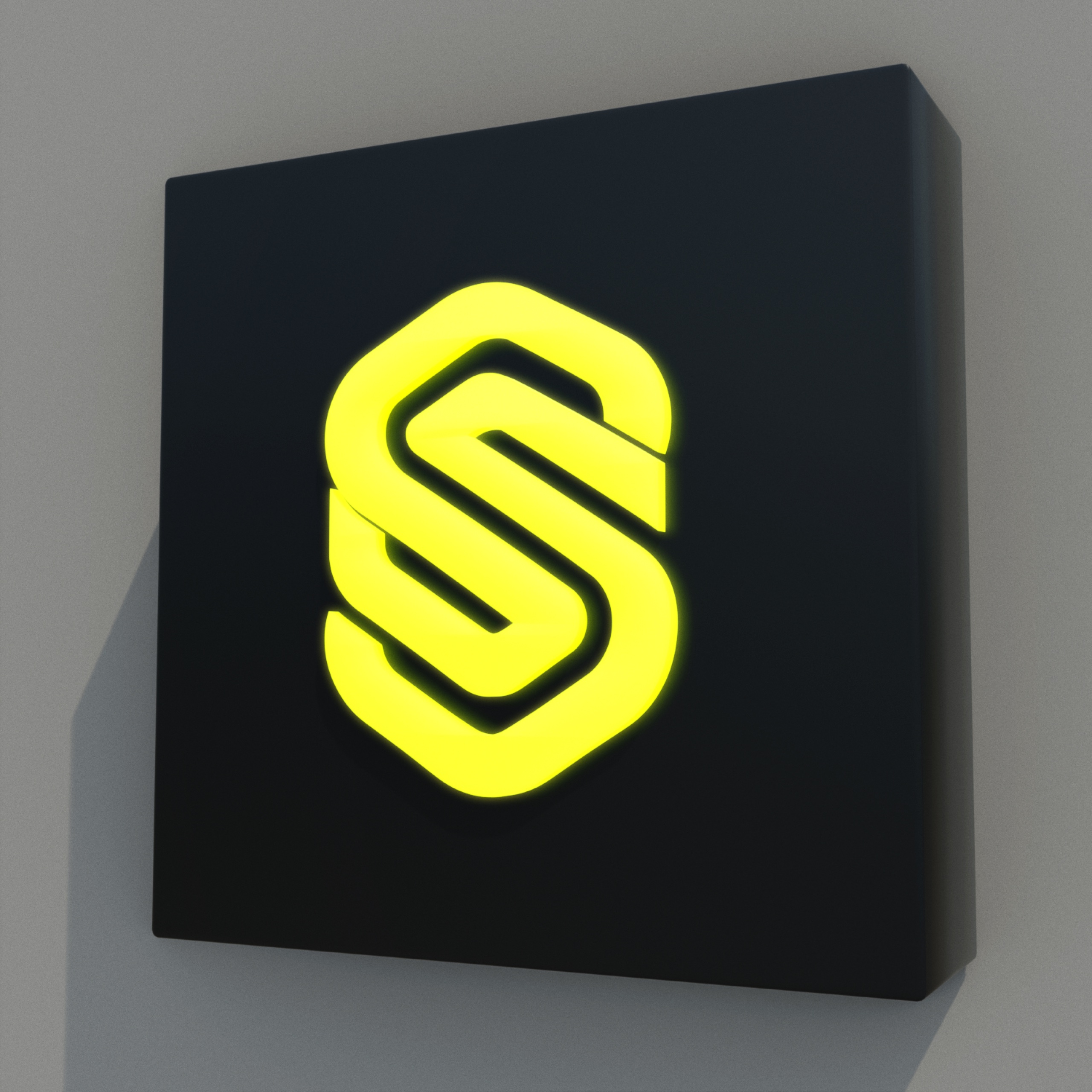 Synthera illuminated sign box on a concrete wall, outdoors
