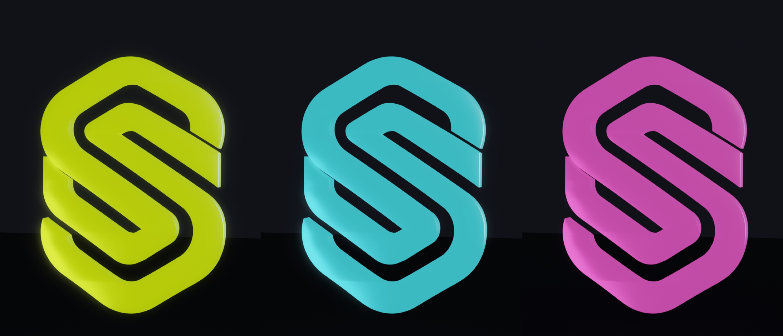 Three Synthera marks glowing in lime, cyan and magenta inside chrome hex portals